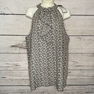 BCBG  Halter High Neck Top Women’s M Gray Ditsy Floral Blouse Minimalist Neutral